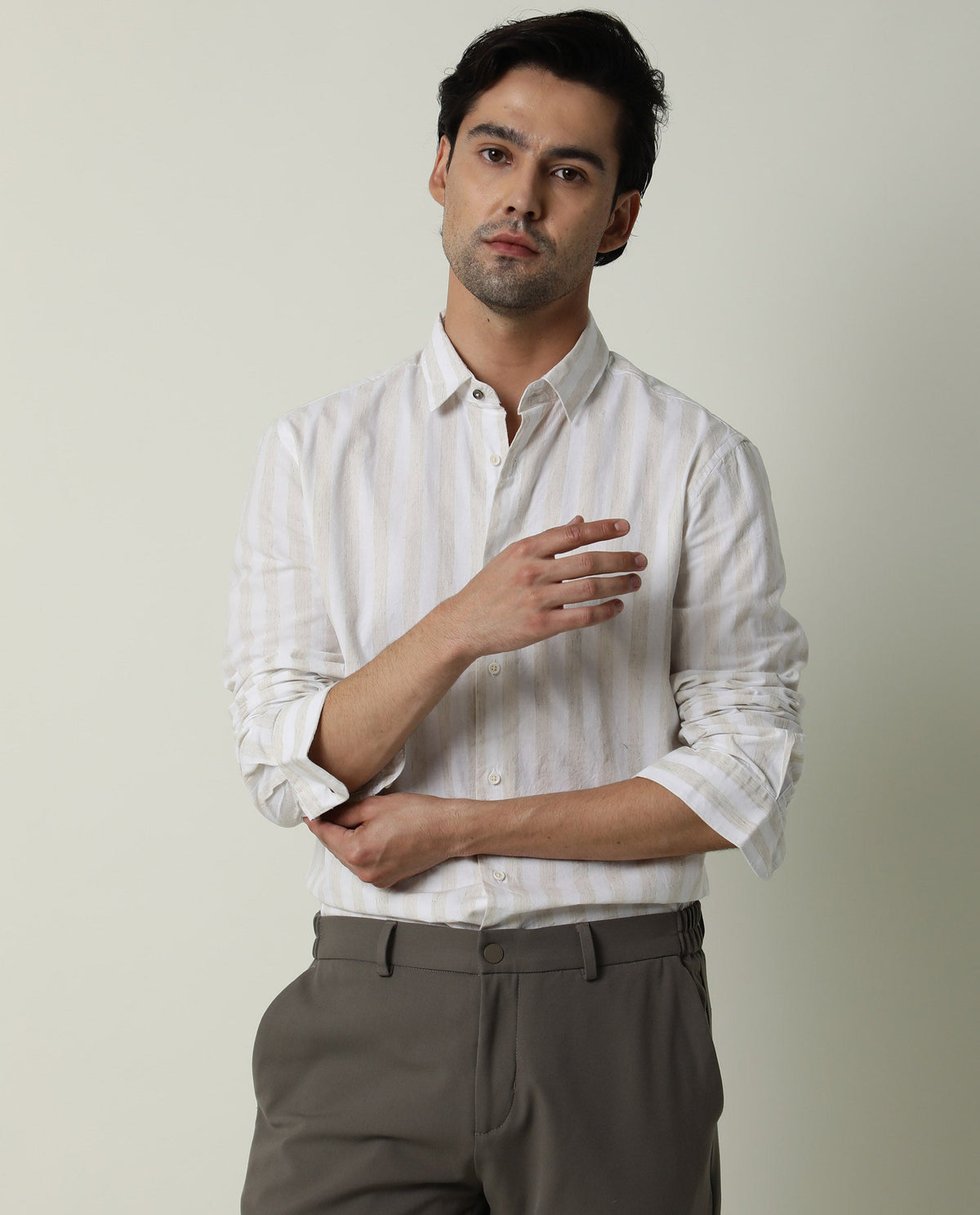 RARE RABBIT MENS DAL BEIGE SHIRT COTTON LINEN FABRIC SLIM FIT COLLAR COLLAR Full Sleeve