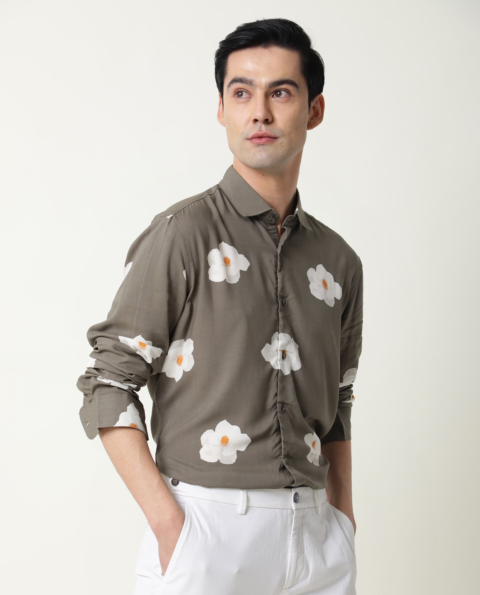 Rare Rabbit Men's Norton Brown Cotton Fabric Floral Print Full Sleeves Shirt