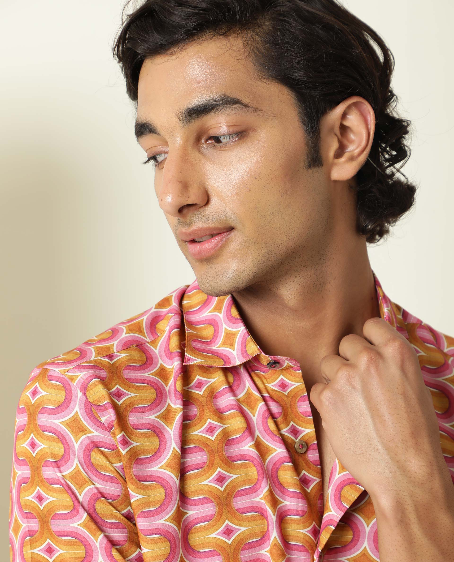 Rare Rabbit Men's Rebeus Multi Viscose Fabric Geometric Retro Print Half Sleeves Shirt