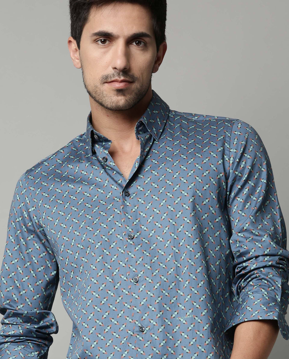 RARE RABBIT MEN'S NIKADO BLUE SHIRT FULL SLEEVES PRINT SLIM FIT