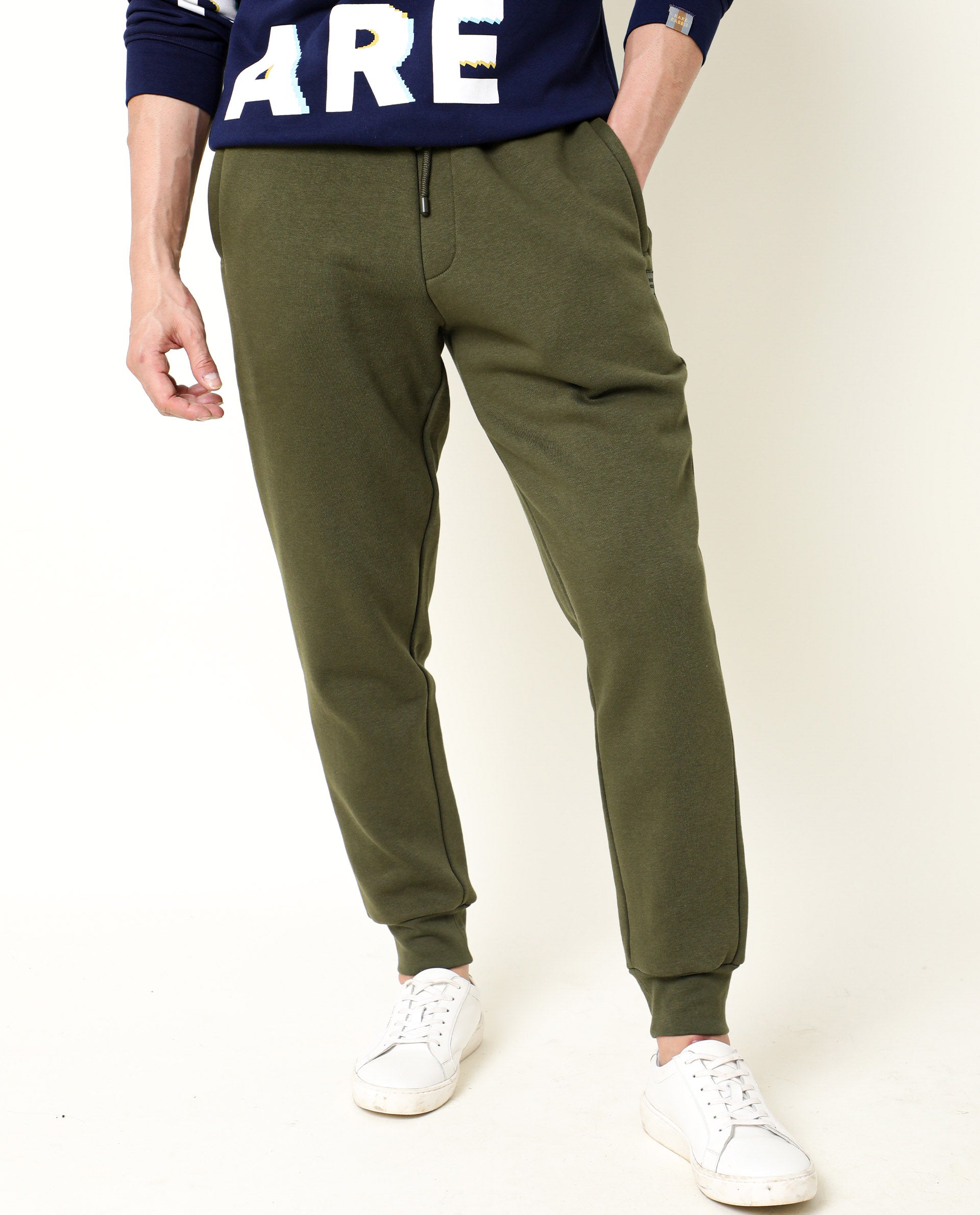 Rare Rabbit Men's Chase Olive Cotton Polyester Fabric Drawstring Slim Fit Track Pant