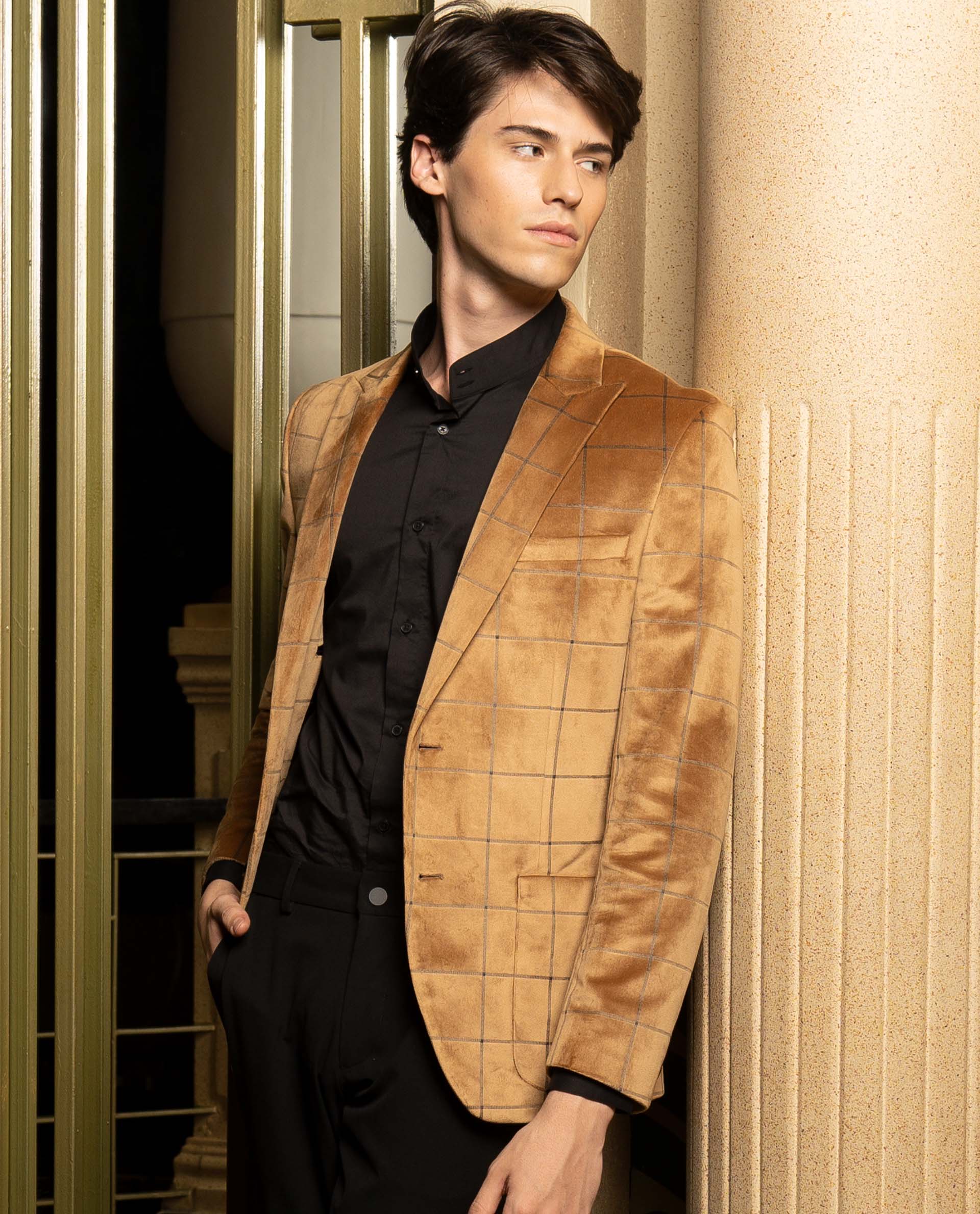 Rare Rabbit Men's Vewet Mustard Velvet Checked Print Tailored Fit Full Sleeve Lapel Neck Blazer